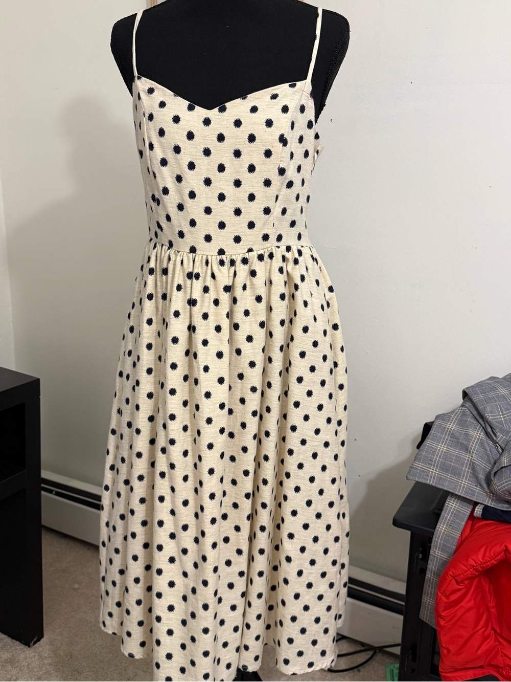 Gilli Small Cream Navy Polka Dot Cotton Midi Dress Cutout Back